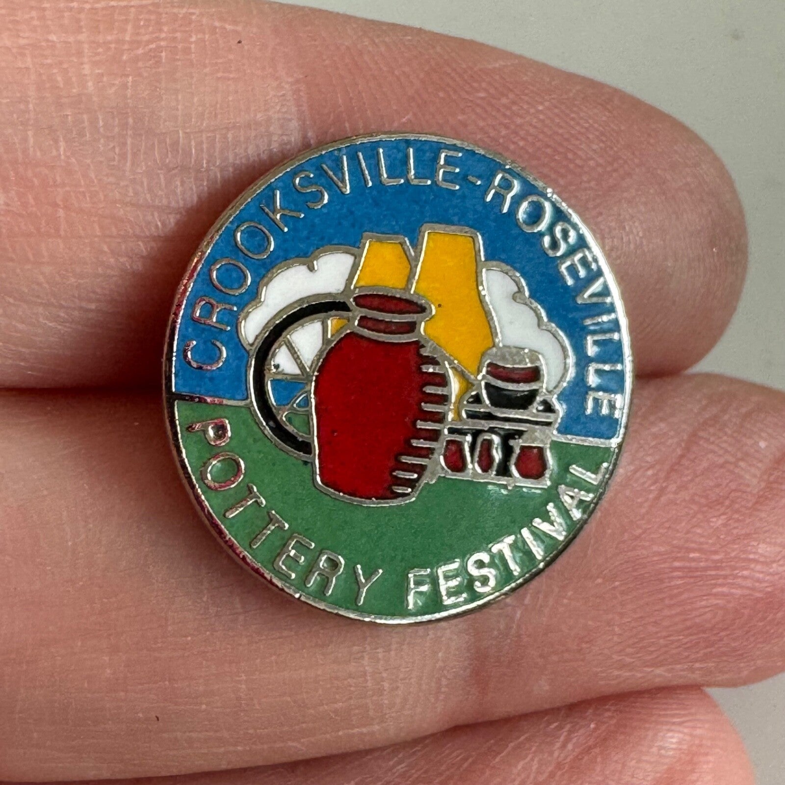 Vintage Crooksville Roseville Pottery Festival Lapel Pin Ohio Enamel RARE