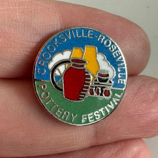 Vintage Crooksville Roseville Pottery Festival Lapel Pin Ohio Enamel RARE