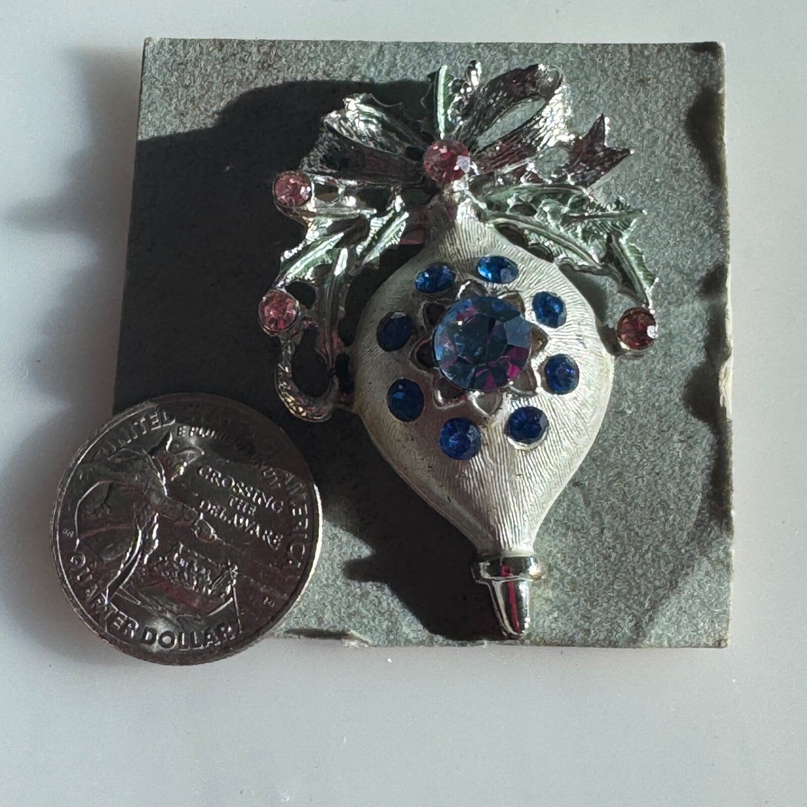 Vintage Christmas Ornament Brooch Silver Tone with Blue and Pink Rhinestones Pin