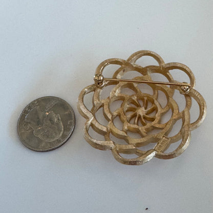 Vintage Crown Trifari Camellia Dahlia Gold Tone Brooch Pin AS IS