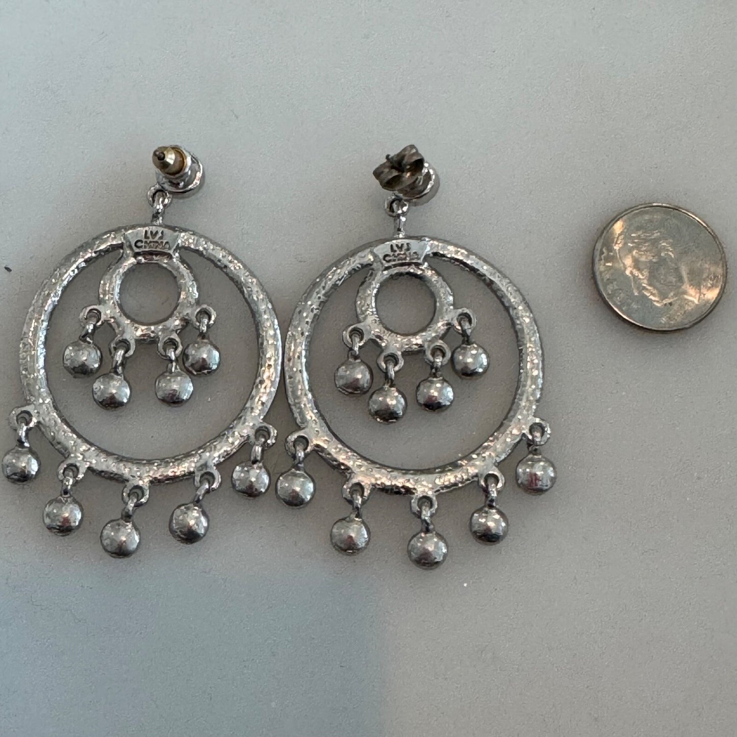 Vintage LVJ Silver Tone Chandelier Crystal Pierced Earrings 
