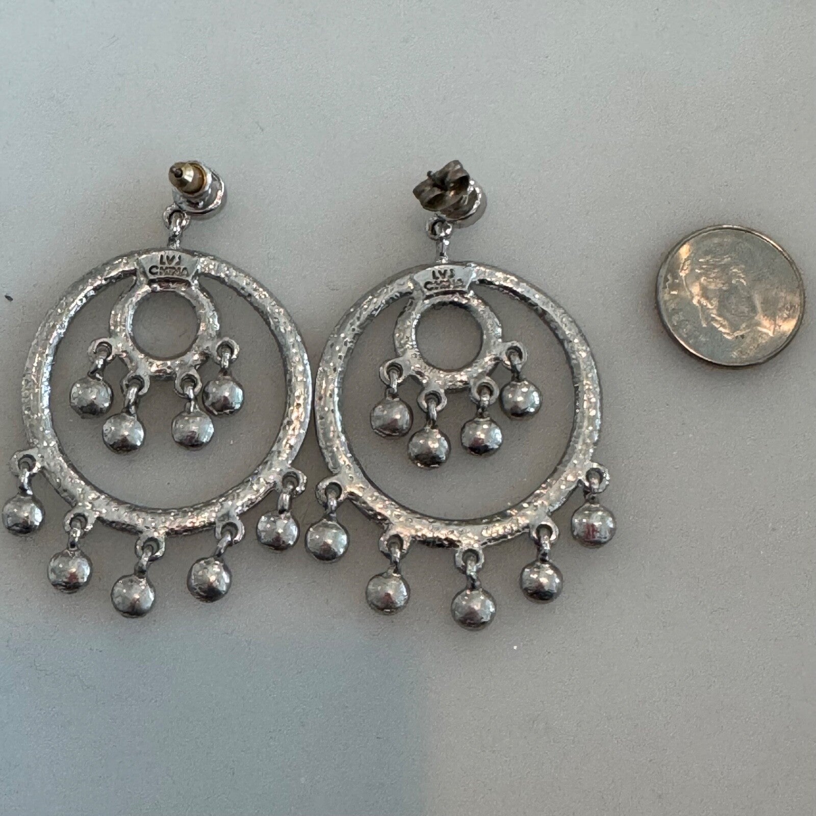 Vintage LVJ Silver Tone Chandelier Crystal Pierced Earrings 