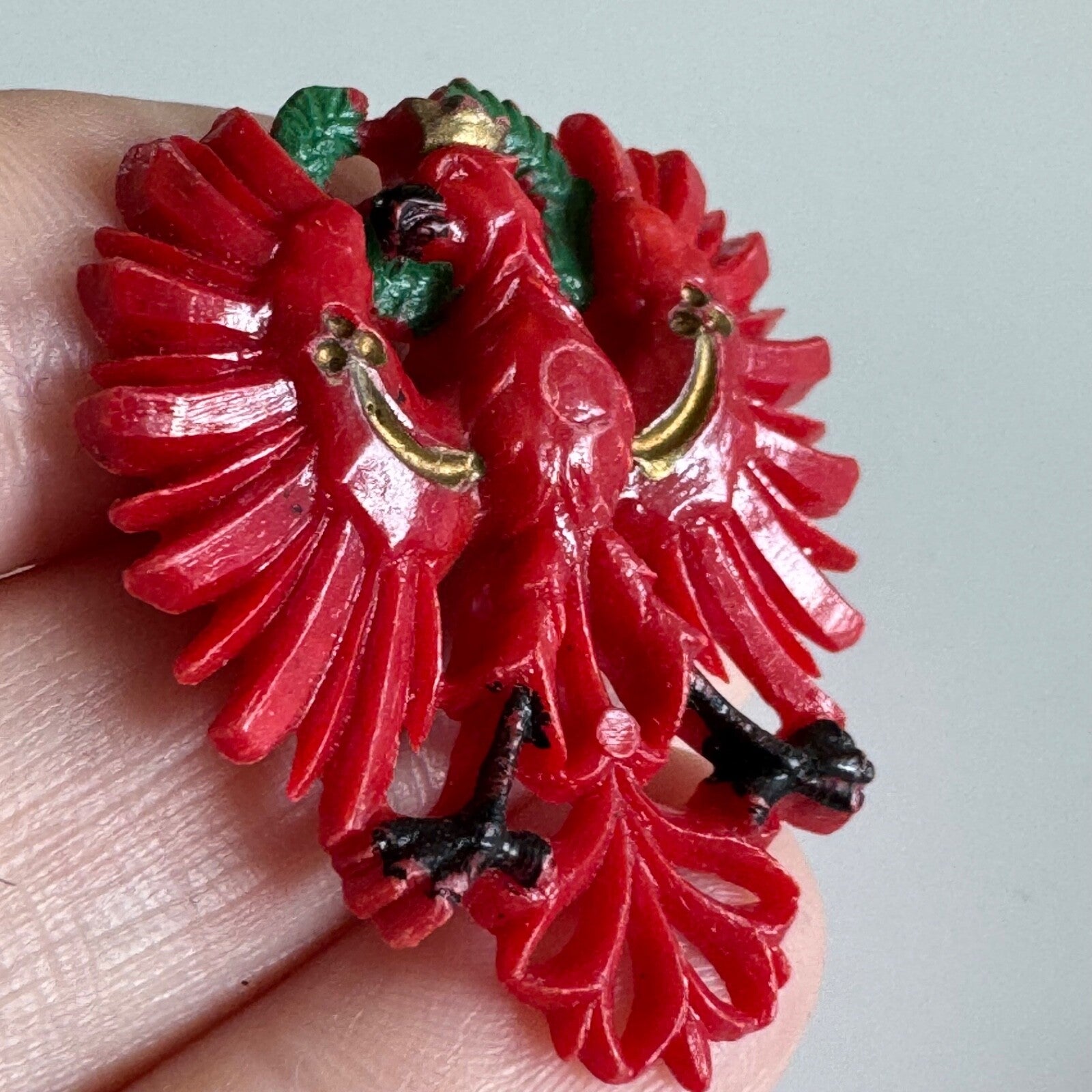 Vtg Austria Tyrol Coat of Arms Red Double-Headed Eagle Pin Celluloid Plastic?