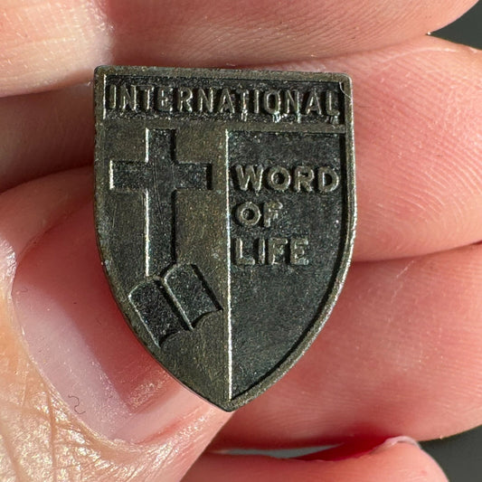 Vintage Word of Life International Shield Cross Lapel Pin
