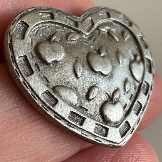 Vintage Silver Tone Pewter Heart with Apples Lapel Pin Brooch