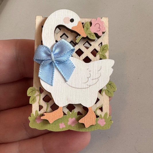 Vintage Wooden Goose Lapel Pin with Bow Trellis Flower
