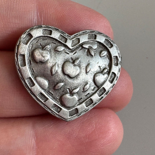 Vintage Silver Tone Pewter Heart with Apples Lapel Pin Brooch