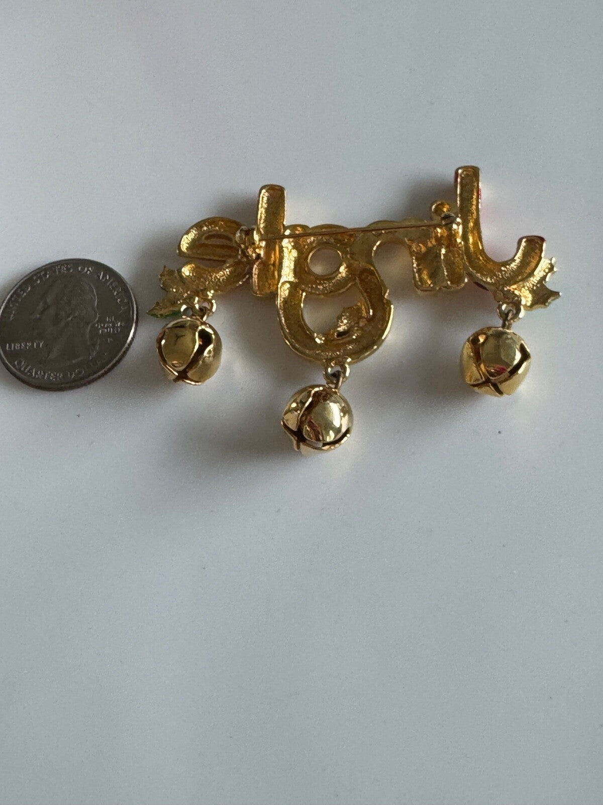 Festive JJ Johnette “Jingle” Christmas Dangle Brooch Gold Tone Bells & Holly