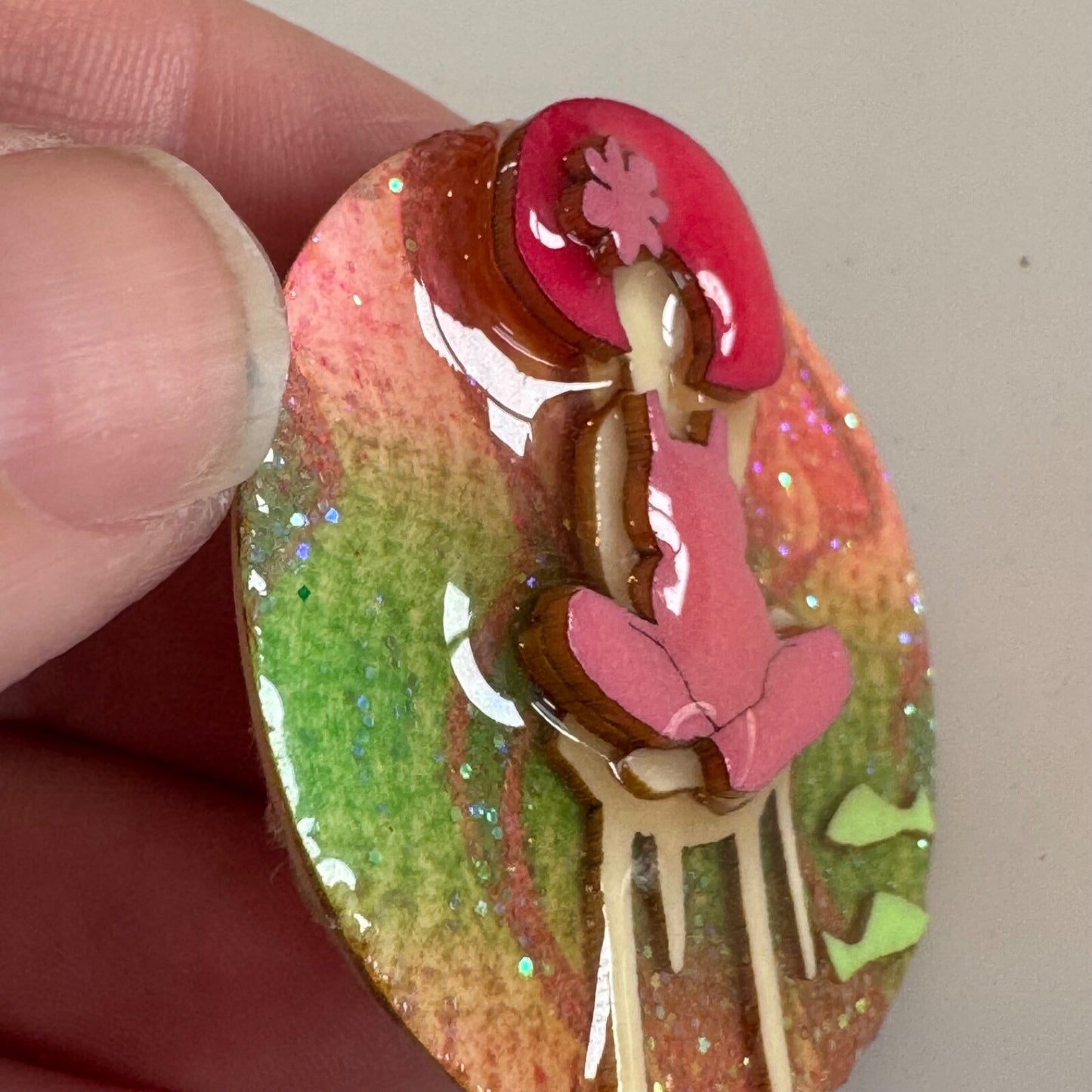 Vintage Woman Pins by Lucinda Pregnant Lady Shoes Hat Pink Round Brooch Pin