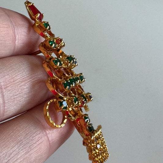 Vintage Gold Tone Rhinestone Christmas Tree Brooch Red Green Gold Blue Stones