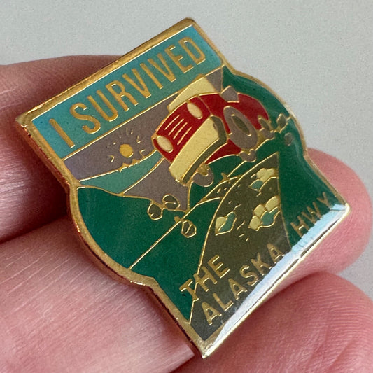I Survived the Alaska Highway Enamel Pin Red Jeep Scenic Road 