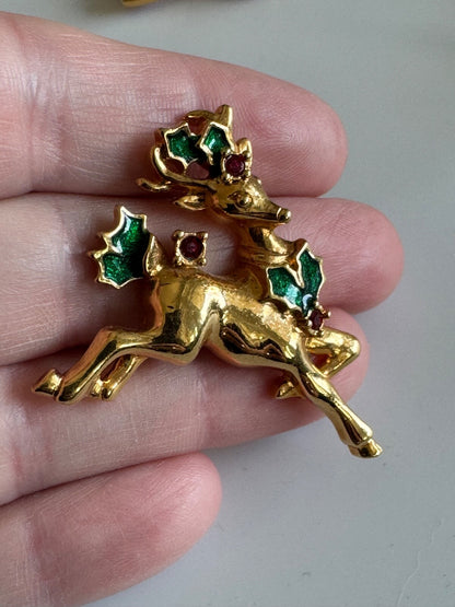 AVON Christmas Reindeer Tac Pin, Red Rhinestone, Gold tone, Vintage