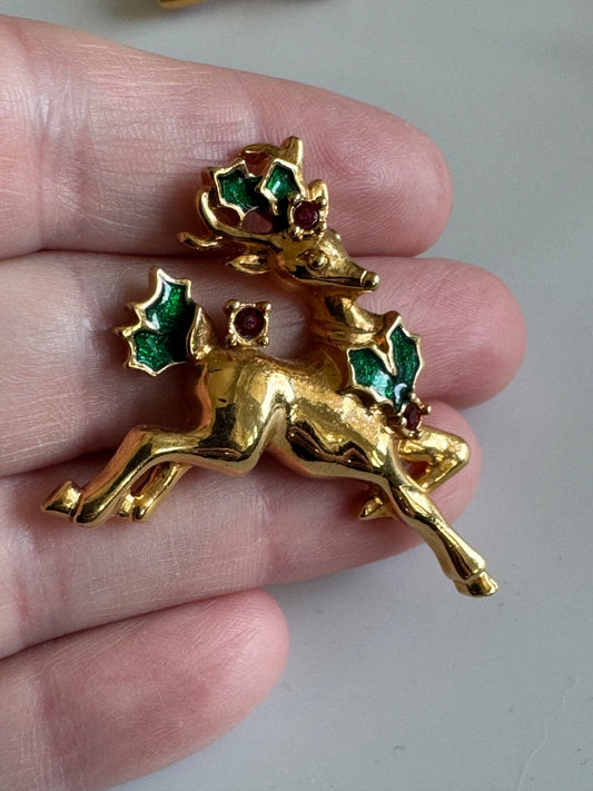 AVON Christmas Reindeer Tac Pin, Red Rhinestone, Gold tone, Vintage