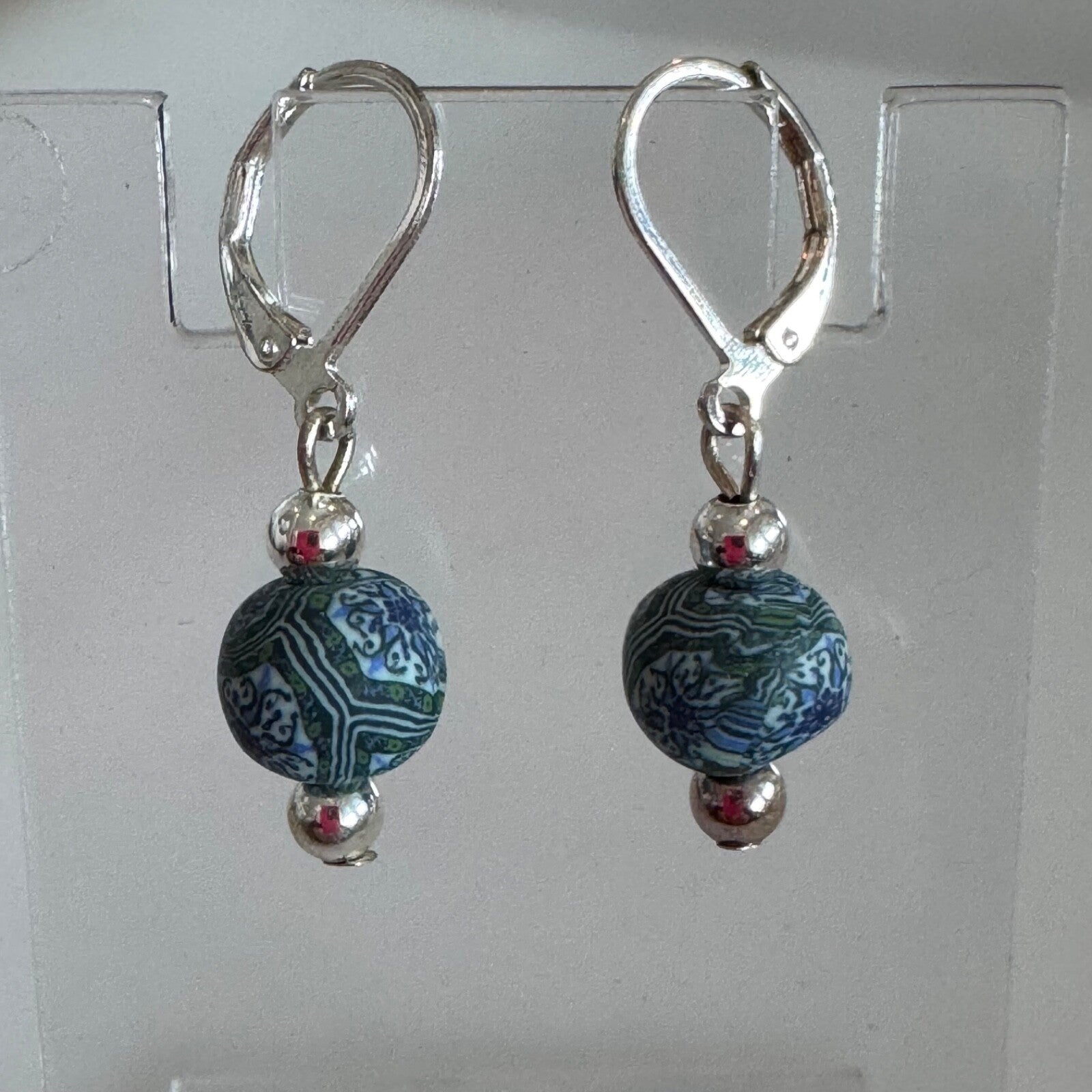 Polymer Clay Bead Dangle Earrings Blue Green Silver Tone