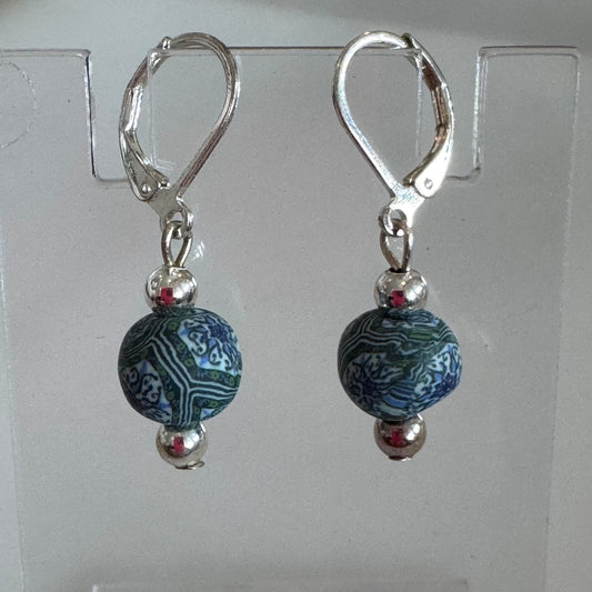 Polymer Clay Bead Dangle Earrings Blue Green Silver Tone