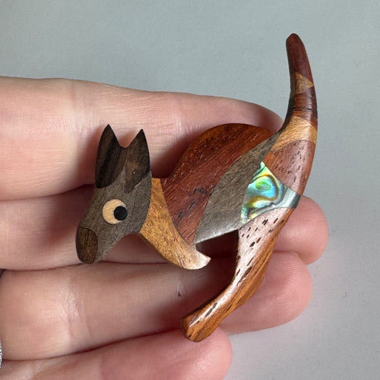 Handcrafted Wood Kangaroo Brooch Pin with Abalone Shell Inlay Australia Souvenir