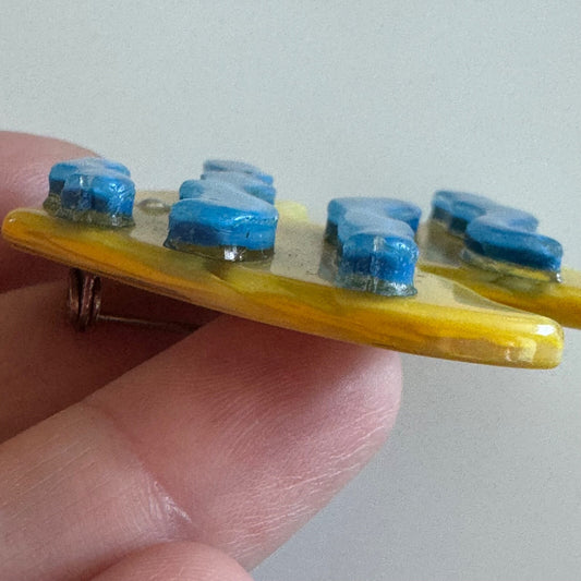 Vintage Art Glass Yellow Blue Fish Brooch Pin
