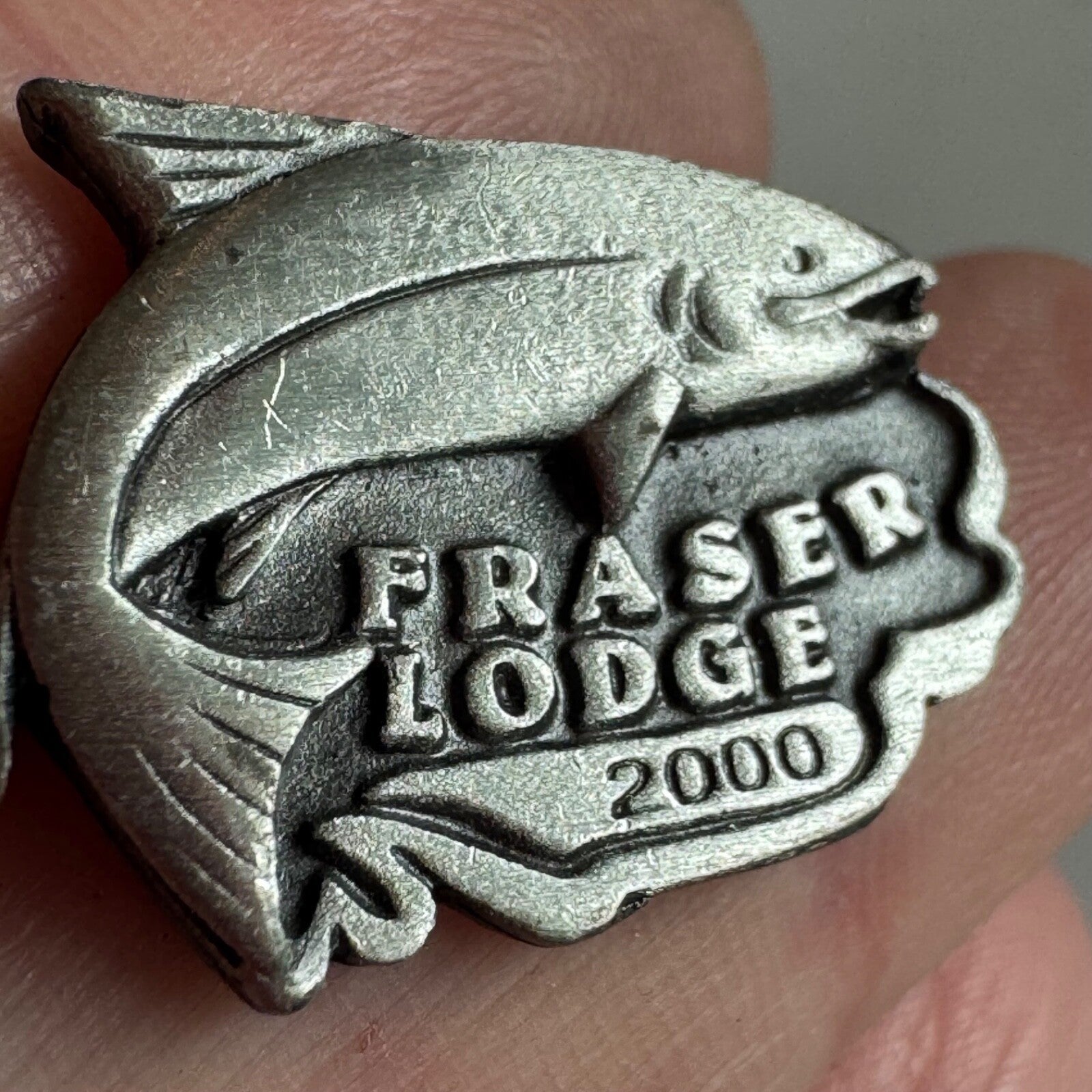 Vintage 2000 Fraser River Lodge Pewter Lapel Pin Fish Vancouver British Columbia