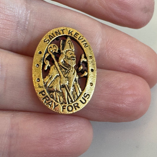 Saint Kevin “Pray for Us” Oval Devotional Brass Tone Pin St