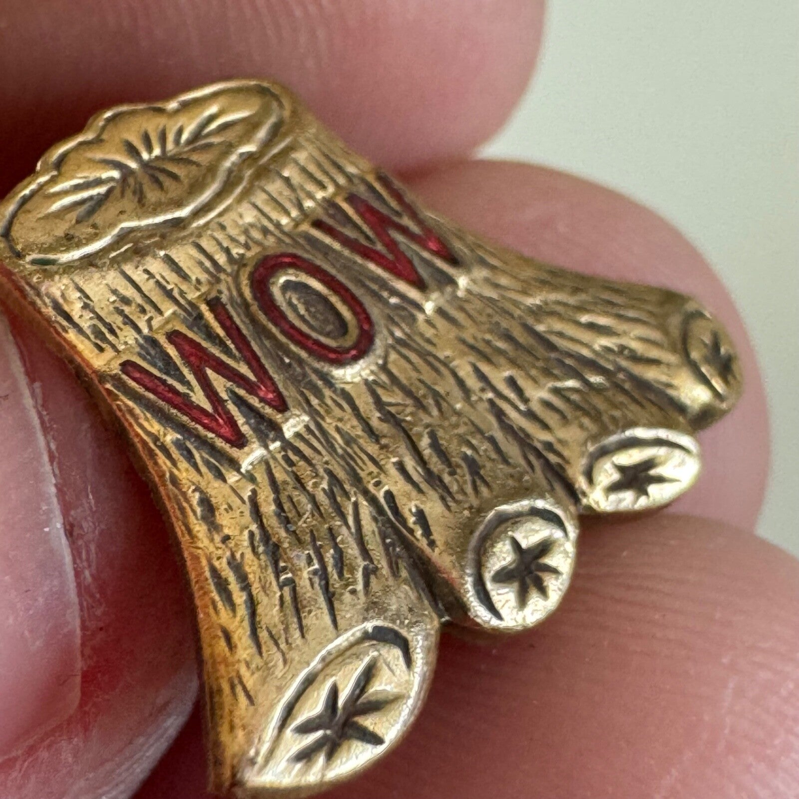 Woodmen of the World Tree Trunk Screwback Lapel Pin Whitehead Hoag 
