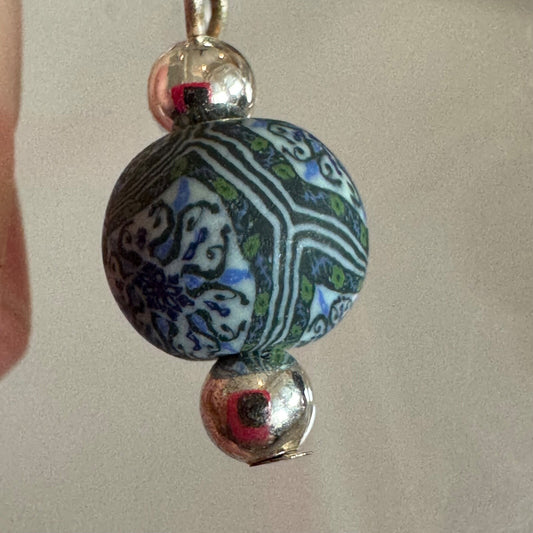 Polymer Clay Bead Dangle Earrings Blue Green Silver Tone