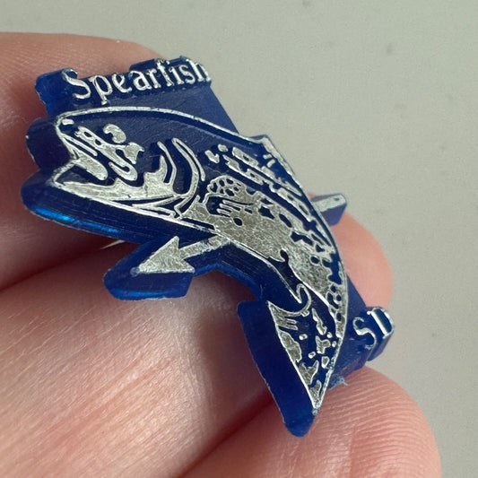 Spearfish South Dakota SD Trout Arrow Lapel Pin Blue and Silver Spear Fishing