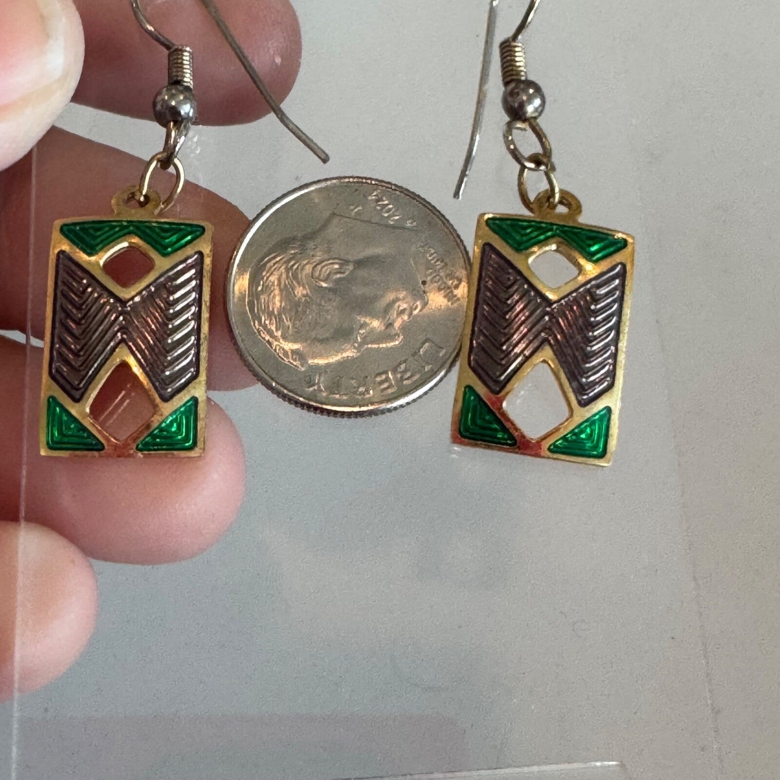 Vintage Geometric Dangle Pierced Earrings Cloisonne Look