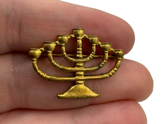 Vintage Gold Tone Menorah Pin Brooch Jewish Lapel Button