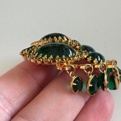 Juliana D&E Green Cabochon Dangle Brooch Gold Tone Heart Scroll