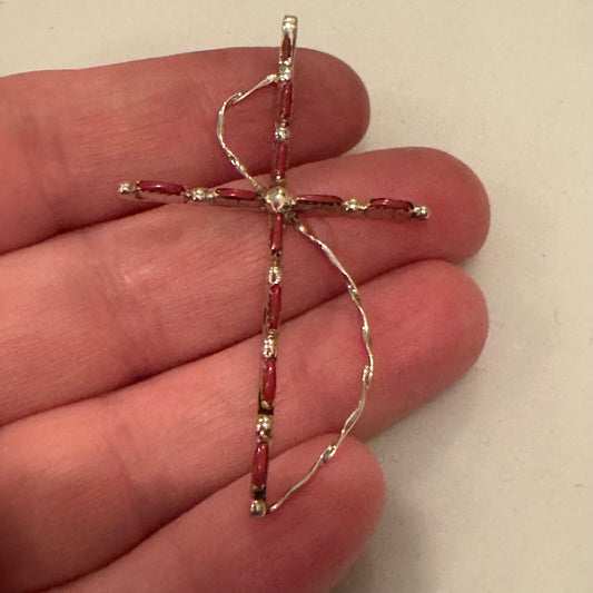 Large Signed Sterling Silver Red Coral Cross Pendant Navajo? Methodist
