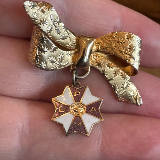 Vtg Ladies Auxiliary of Patriarchs Military Bow Dangle Brooch Pin Odd Fellow