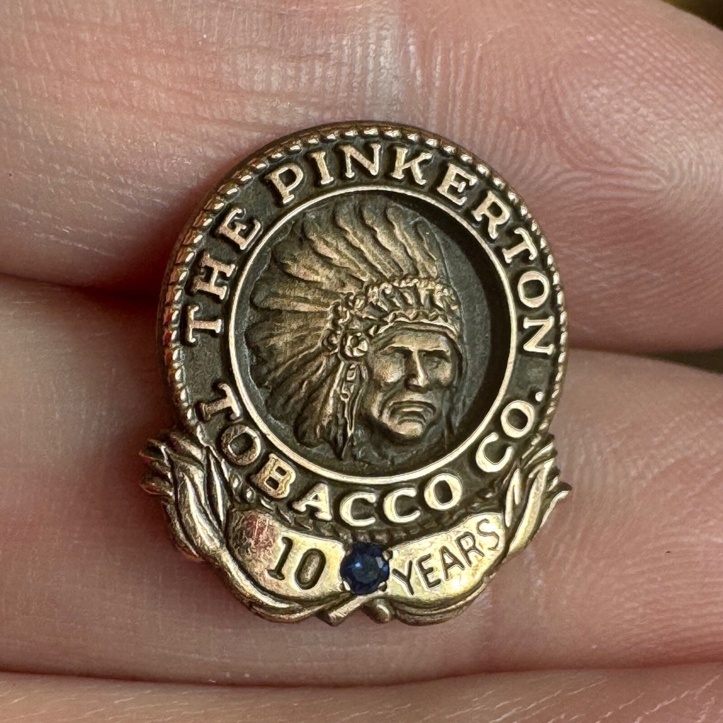 RARE Vtg The Pinkerton Tobacco Co. 10 Years Employee Service Pin Red Man