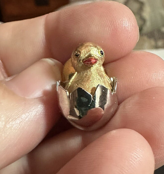 Vintage 70's Signed AVON 2-Tone Baby Chick Hatching Chicken Easter Tac Pin