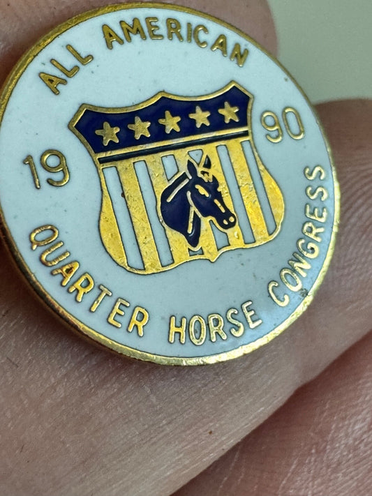 Vintage 1990 All American Quarter Horse Congress Pin – White Round Badge