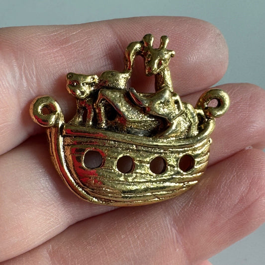 Gold Noah's Ark Pin with Animal Pairs – Giraffe, Lion, Elephant Brooch