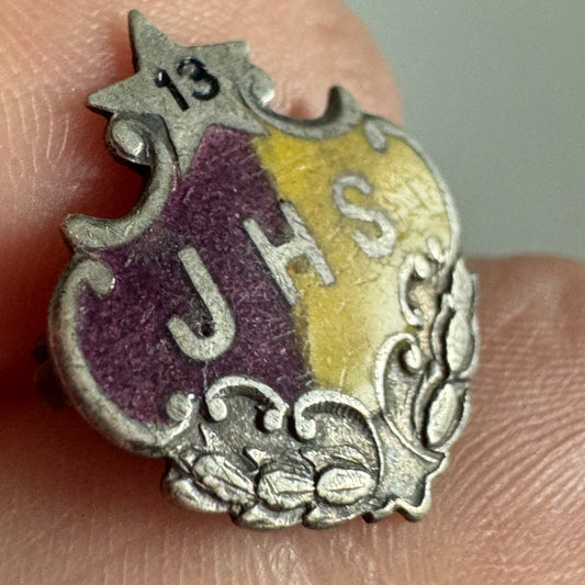 Antique JHS Jamestown High School 1913 Sterling Silver Purple Yellow Pin