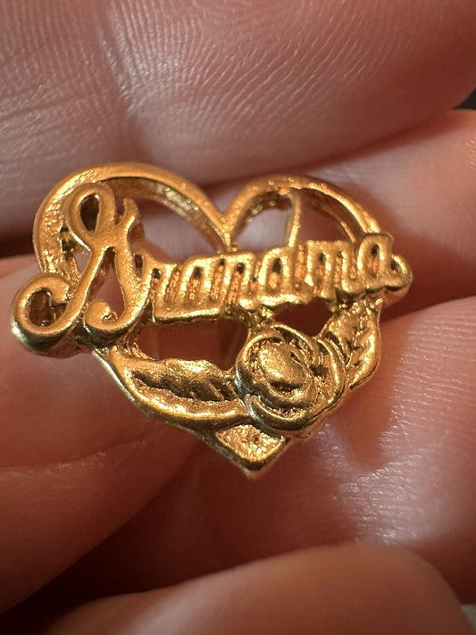 NOS Vintage GRANDMA Gold Tone Letters Heart Flower Lapel Pin