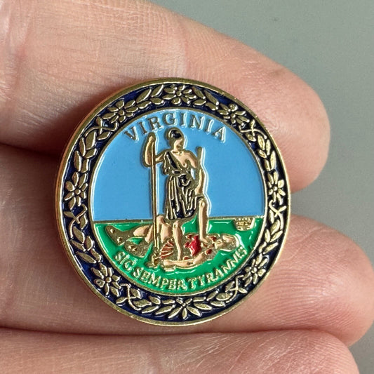 Vintage Virginia State Seal Pin – "Sic Semper Tyrannis" Motto Design