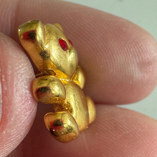 Gold Teddy Bear Brooch with Red Rhinestone Eyes – Vintage Toy Style Pin