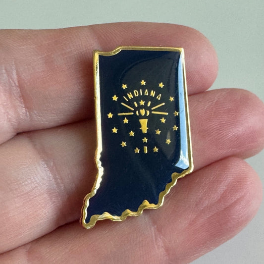 Vintage Indiana State Shape Flag Themed Enamel Pin – Navy Blue with Torch Stars