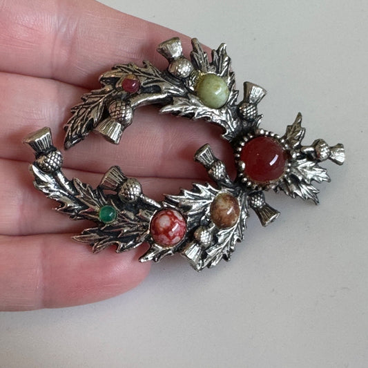 Vintage Jacobite Scottish Thistle Wreath Brooch – Multi-Stone Clan Style Pin