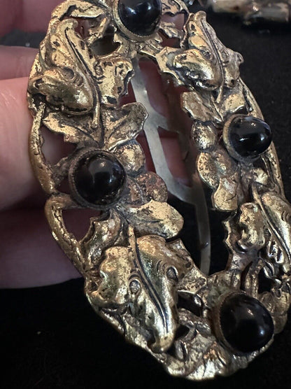 Antique Art Nouveau Ivy Leaf Brass Fur Clip Dress Clip Brooch Black Glass