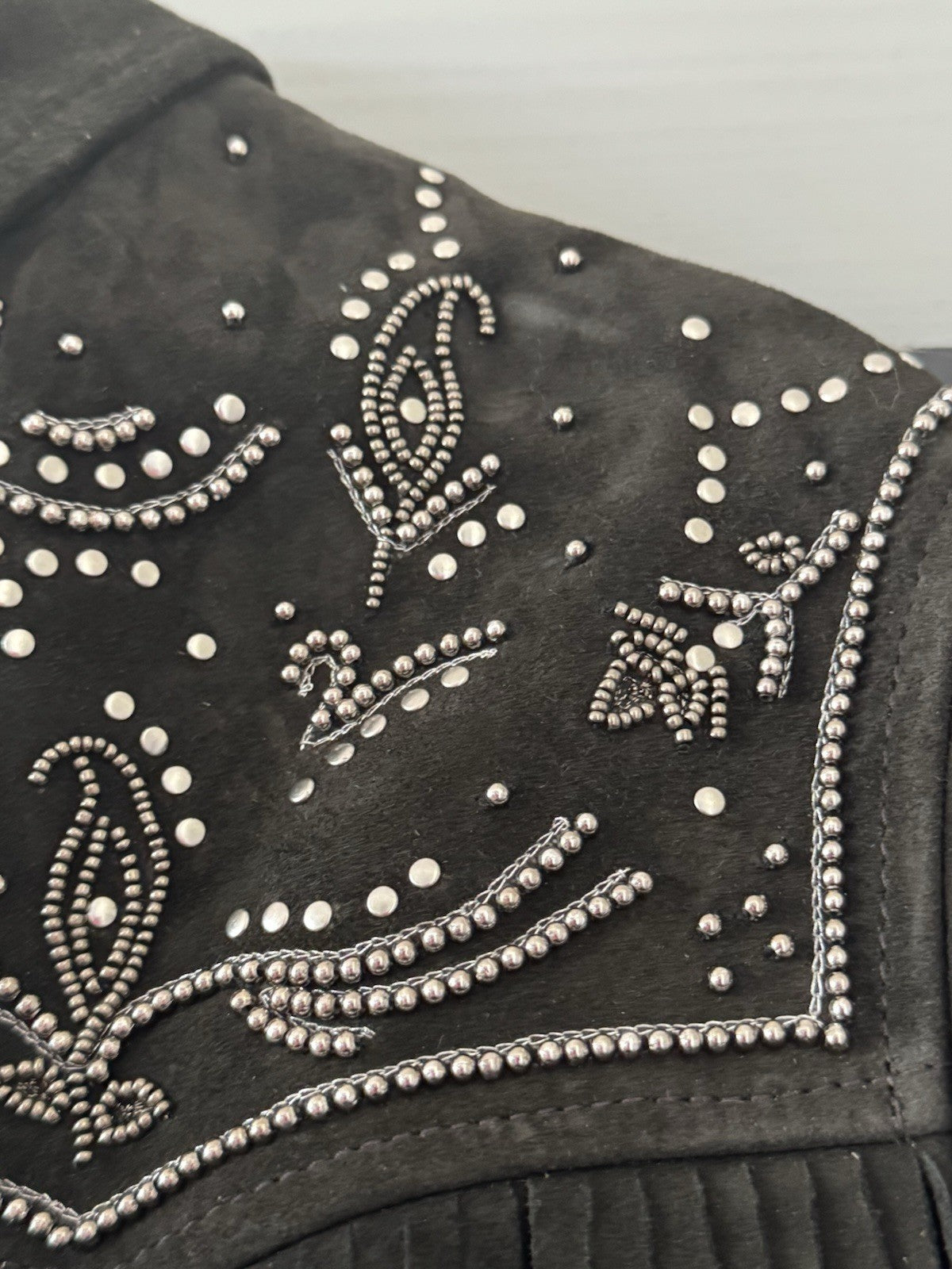 AllSaints Corinna Embellished Fringe Black Suede Cropped Jacket Sz 10 $829