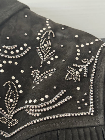 AllSaints Corinna Embellished Fringe Black Suede Cropped Jacket Sz 10 $829