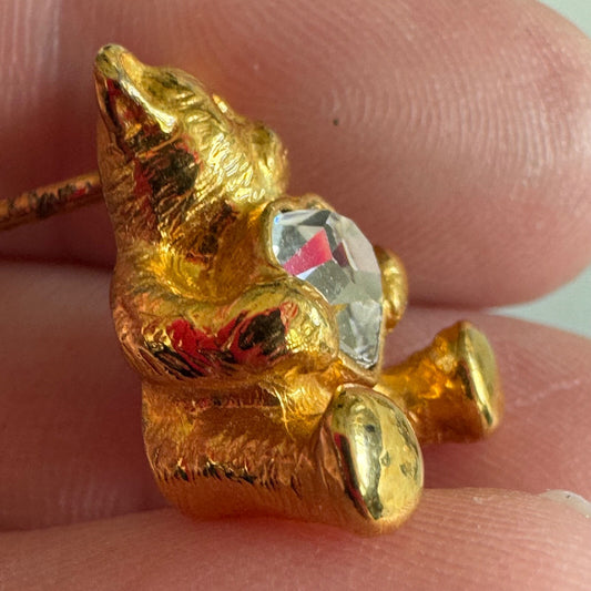 Teddy Bear Brooch with Crystal Heart – Gold Tone Cute Pin