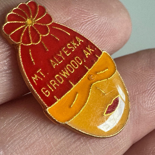 Vintage Mt. Alyeska Girdwood Alaska Ski Pin – Red Hat Girl Design 1970s- 1980s
