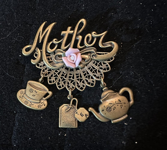 Vintage Mother Rose Tea Themed Flower Gold Tone Dangle Pin Brooch Bag Cup Pot