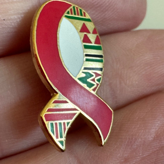 Vintage African Kente Red Ribbon Awareness Pin