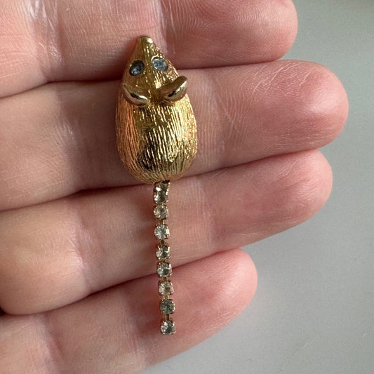 AVON Signed Vintage Gold Tone Light Blue And Clear Rhinestone Mouse Brooch Pin