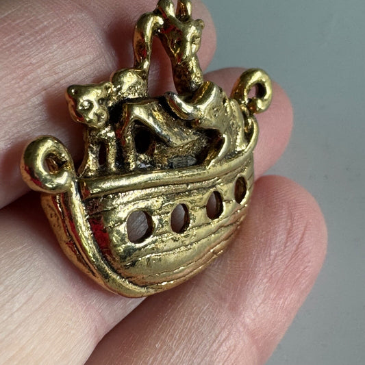 Gold Noah's Ark Pin with Animal Pairs – Giraffe, Lion, Elephant Brooch